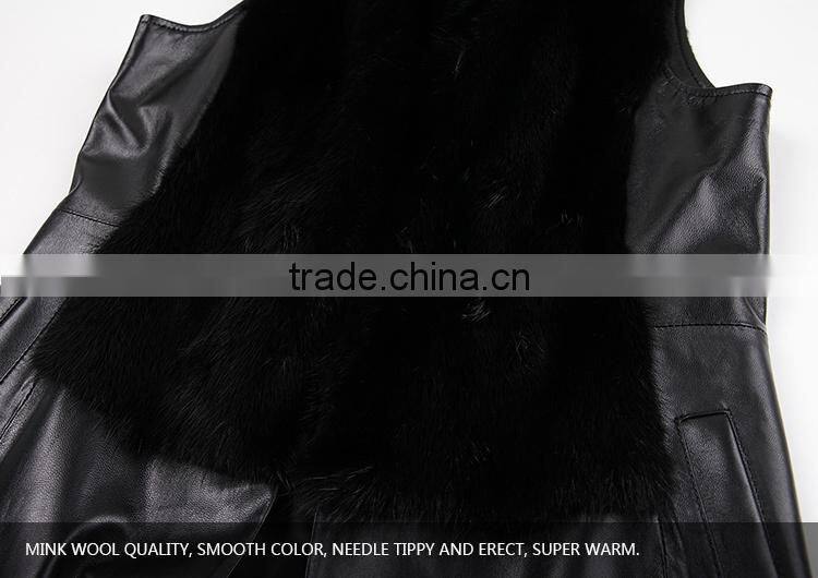 China custom women black leather vest with fur