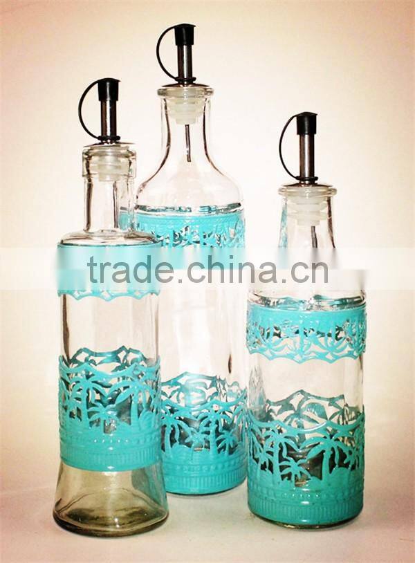 set of 3 glass olive oil vinegar jar bottle set with green metal coating