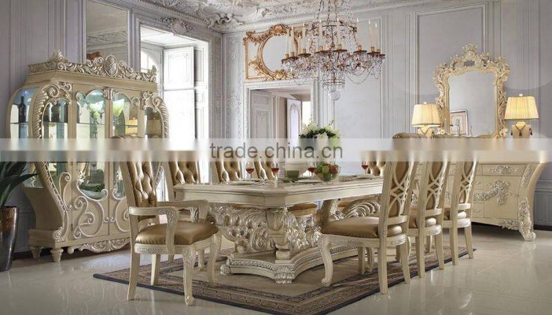 Ivory White Antique European Style Royal Hand Carved 8 Persons Long Dining Table With Matching Side Chair(MOQ=1 SET)