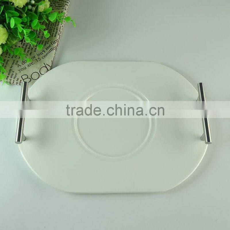 cheap stock daily used big square round ceramic plate with iron handle