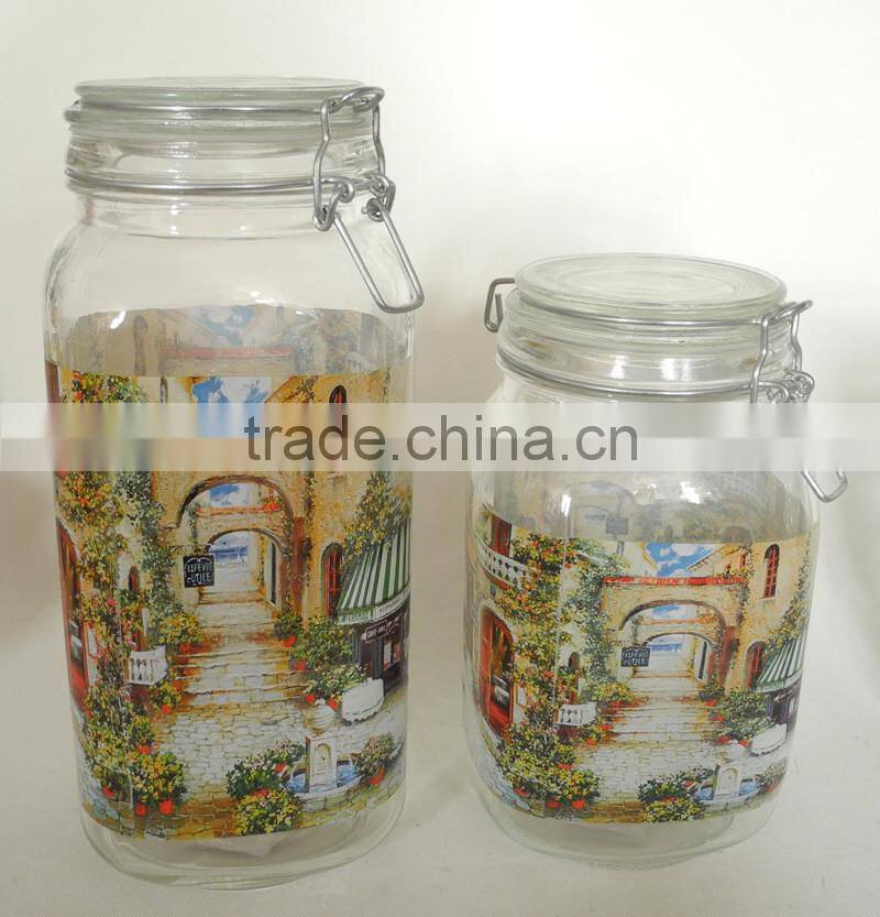 sealed decal glass food jar with metal clamp lid