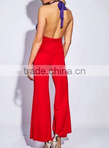 New sexy women backless COLOR BLOCK RUCHED DRAPE HALTER fit bodycon PARTY WIDE LEG JUMPSUIT OEM cheap