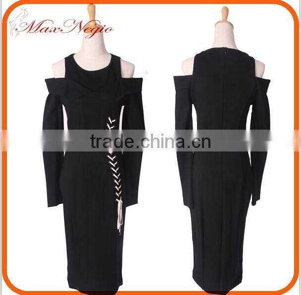 Women 2 color party dress with tie long sleeve prom dress