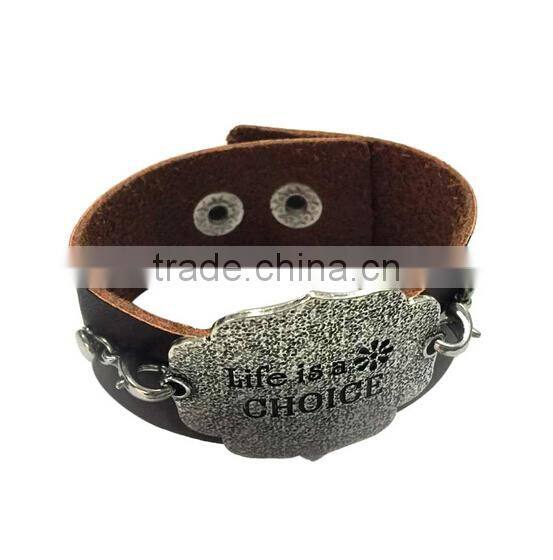 Brown/black color adjustable bracelets,inspirational words metal charm cuff bracelets,wide leather bracelet