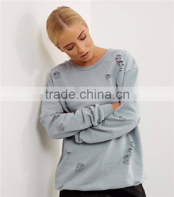 Women Oversized Boyfriends Ripped Sweatshirt Plain Grey Distressed Pullover Drop Shoulder