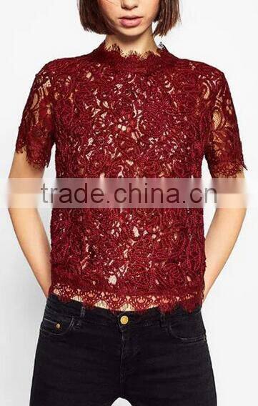 Runwaylover EY2368B Hot Sale 2017 Ladies Hollow Out Shrt Sleeve Lace T-Shirts