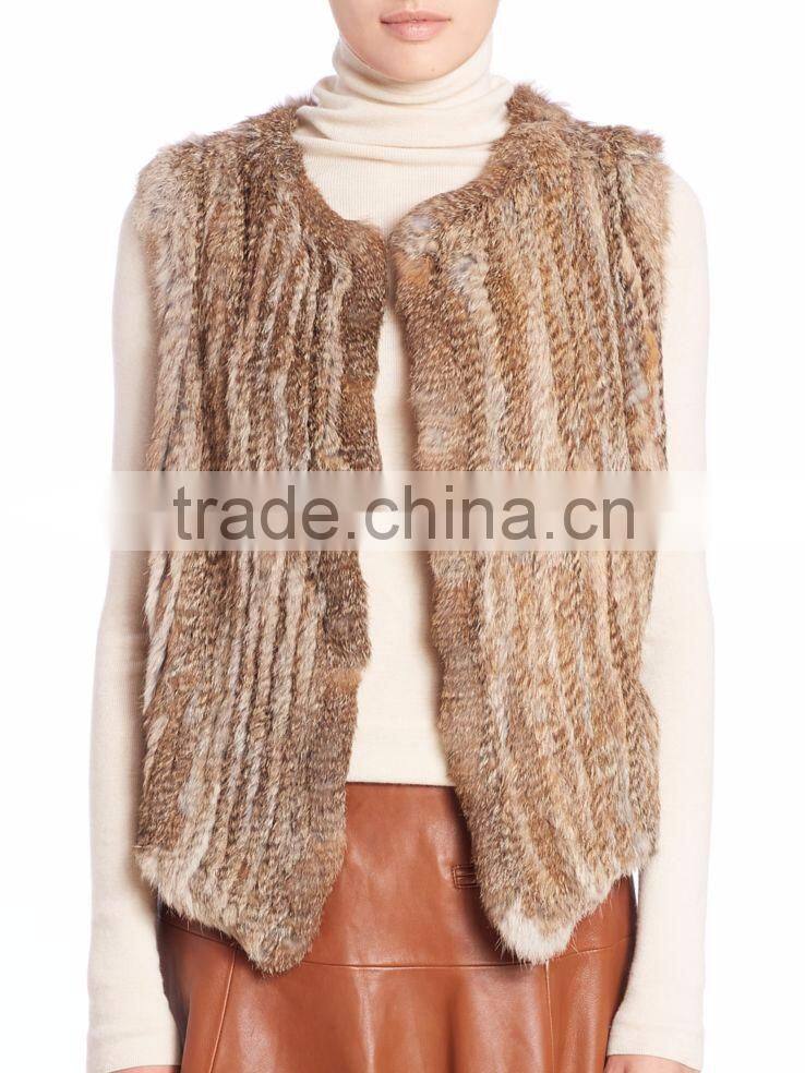 YRFUR YR014 Natural Brown Basic Model Apparel Top Quality Real Rabbit Knitted Fur Vest
