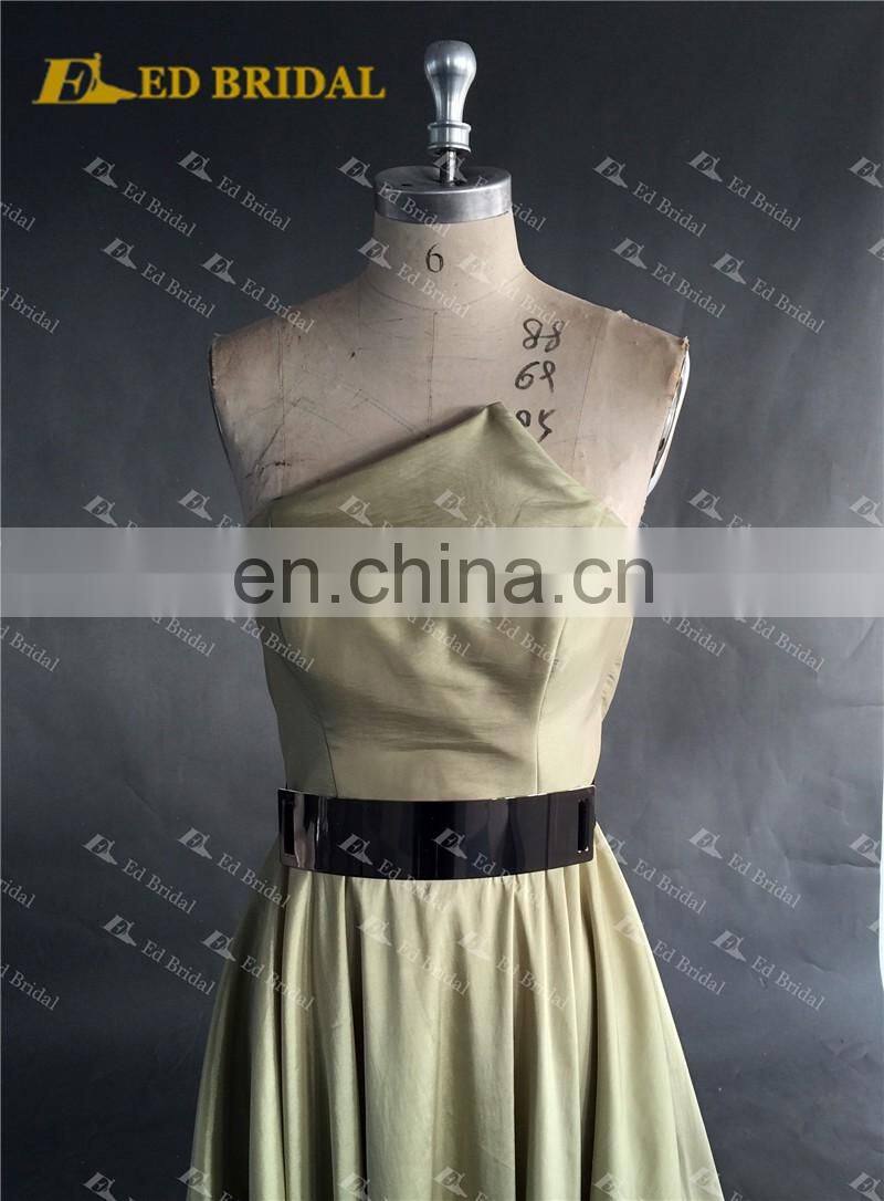 LN146 Real sample 2016 fashion golden belt unique neckline olive green taffeta wholesale maxi evening dress