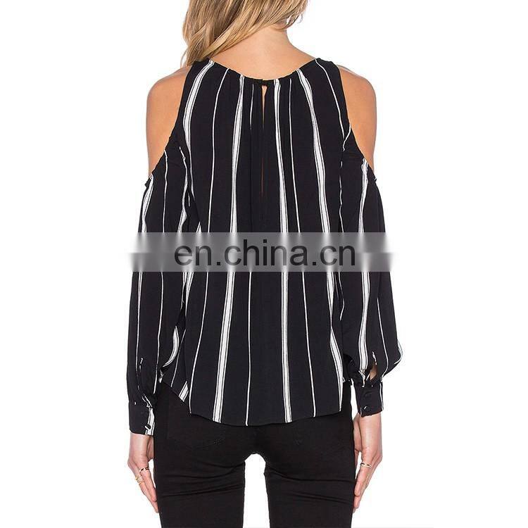 Fashion Cutting Chiffon Blouse Design Black Withe Stripe Cold Shoulder Lady Blouse
