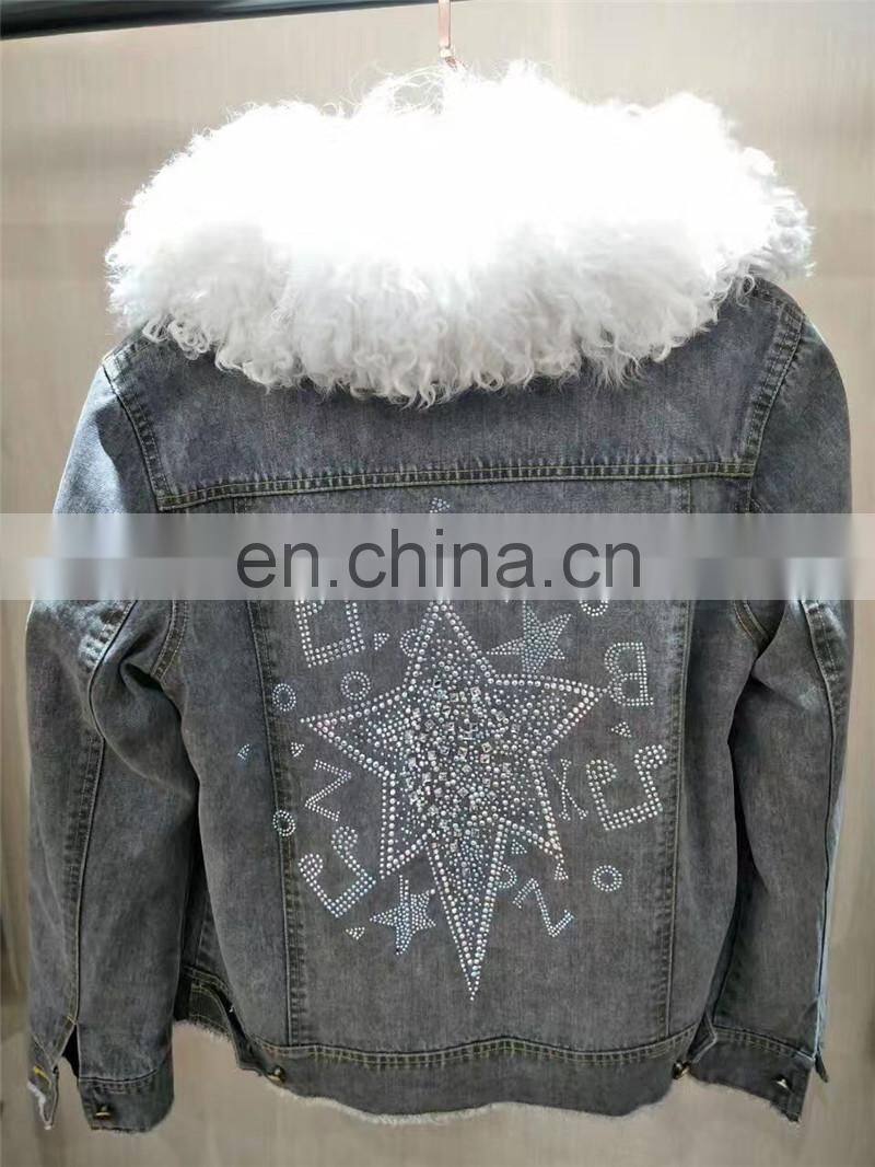 2016 Top Fashion Real Lamb Fur Collar Denim Parka with Hood Women Fur