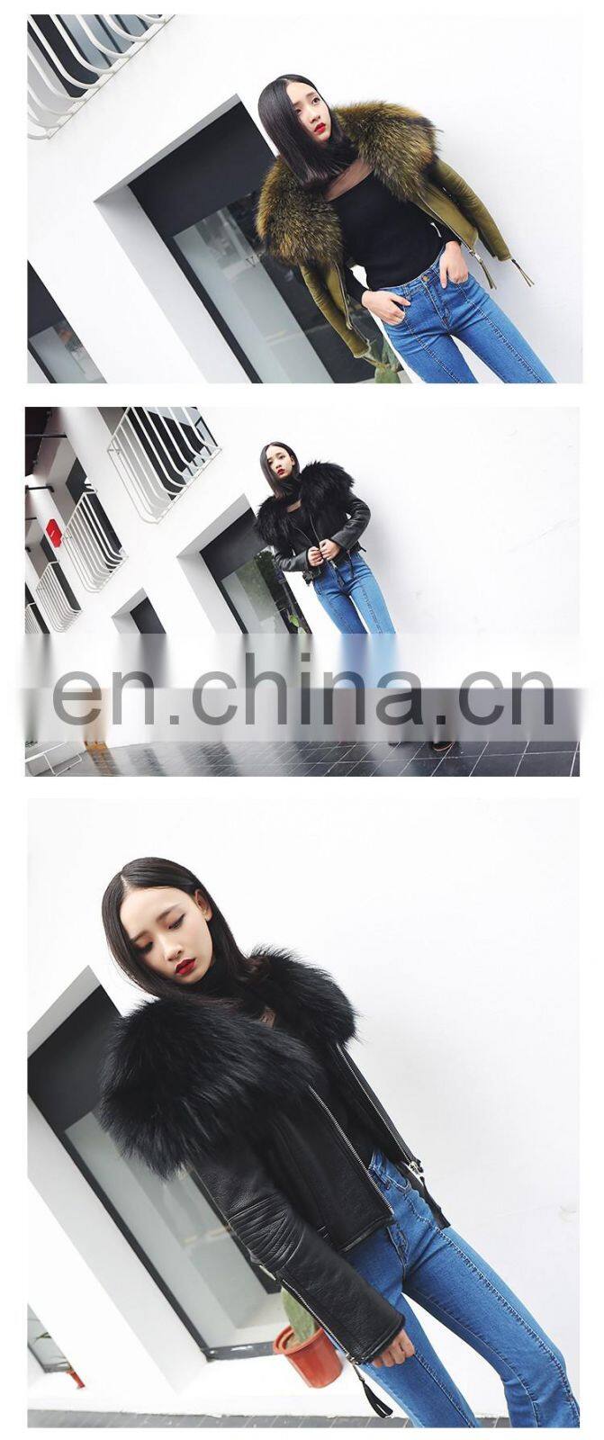 Winter Warm Fashion Real Large Raccoon Fur Collar Sheep Fur Coat / Genuine Merino Sheepskin Women's Leather Coat