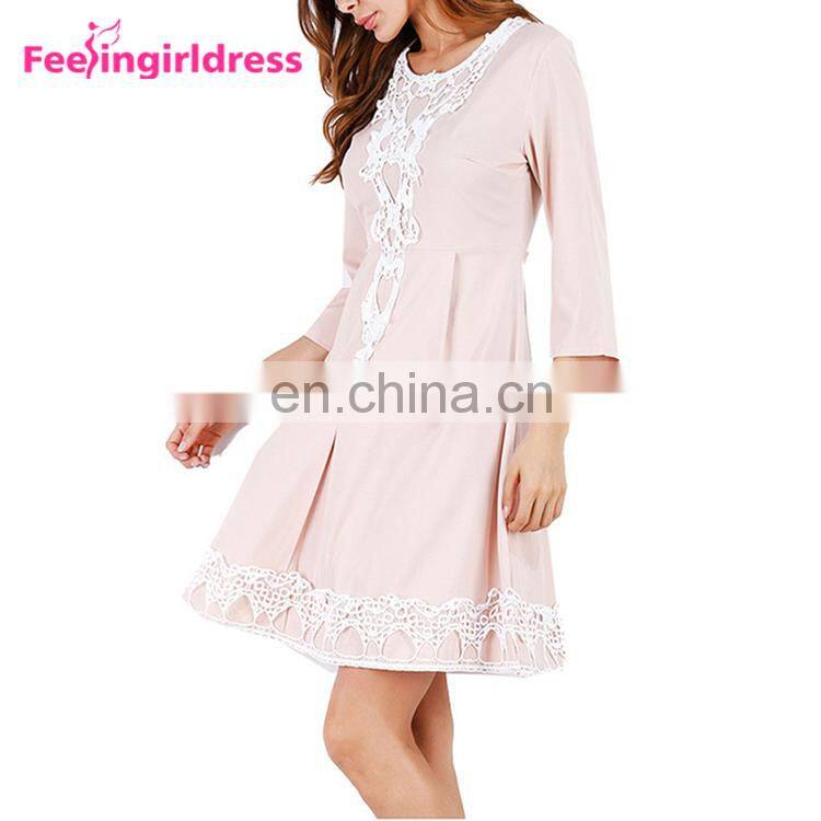 Latest Design Pink Long Sleeve Knee Length One Piece Dresses For Fat Girls