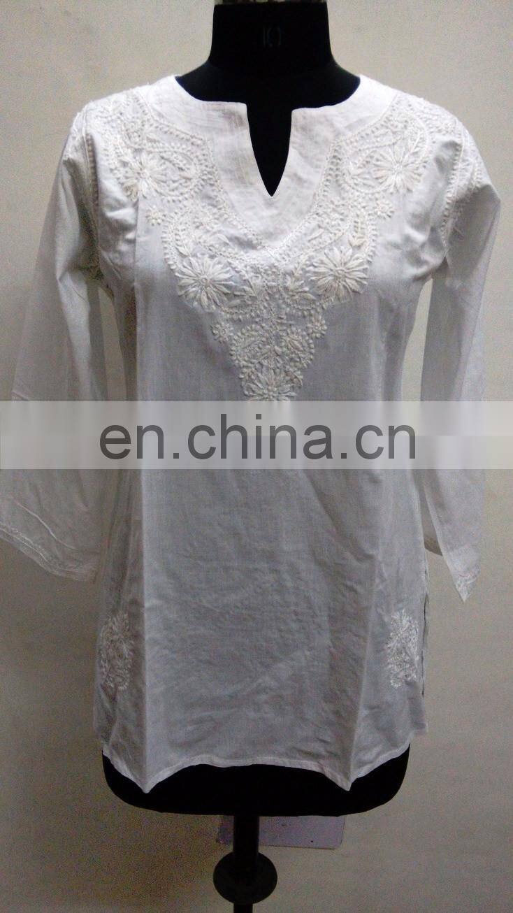 Cotton Chicken Embroidered Women Tunic White Chicken Dress Indian Shirt Top Blouse from Wholesaler