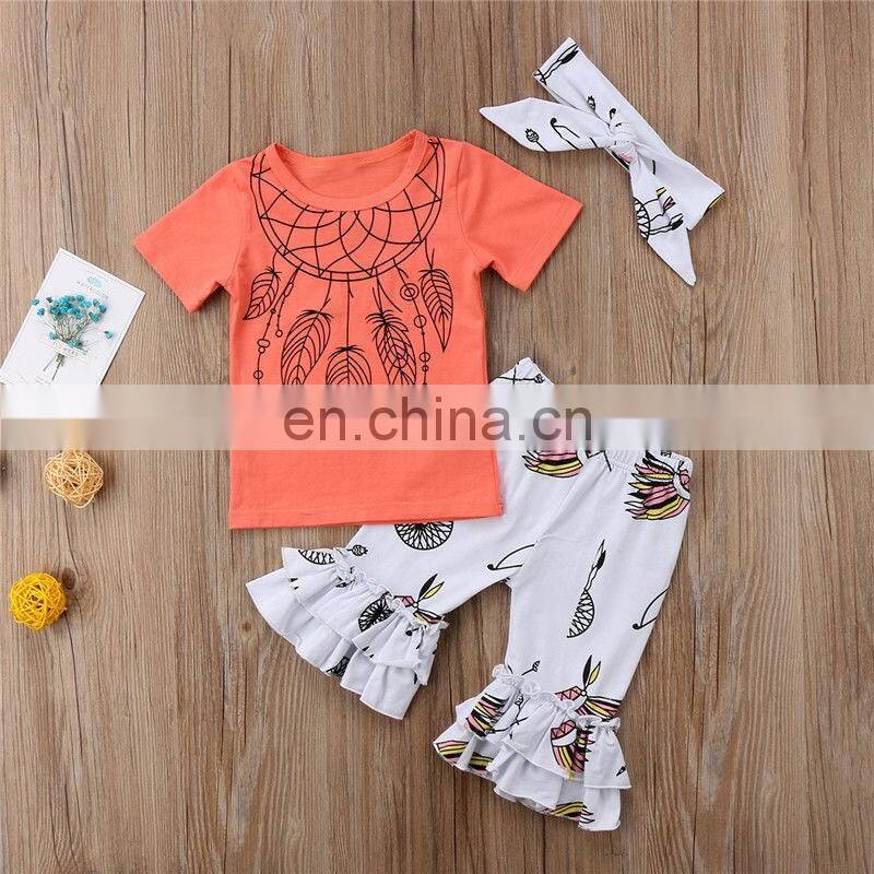 New Fashion Baby Girl Back To School Sets Cotton Aeolian Bells Printed Ruffle Kids Girl Boutique Outfits