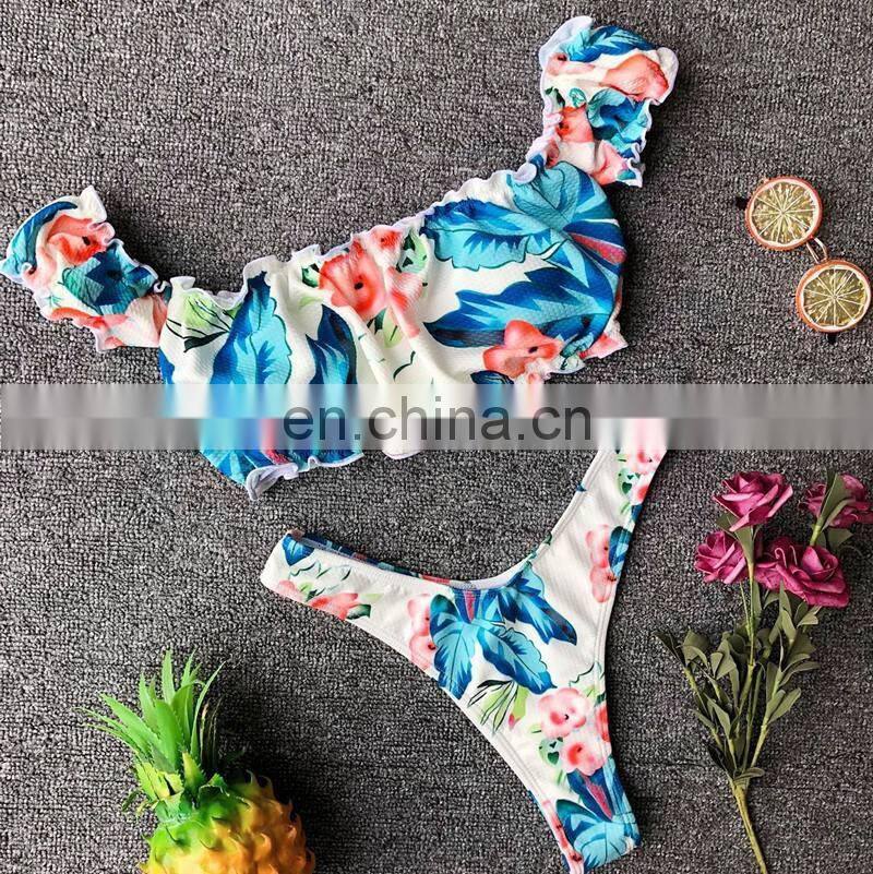 2019 Sexy Flower Print Bandeau Bikini Thong Swimsuit Women Push Up Swimwear Summer BeachWear Ruffle High Cut Bikini Bathing Suit