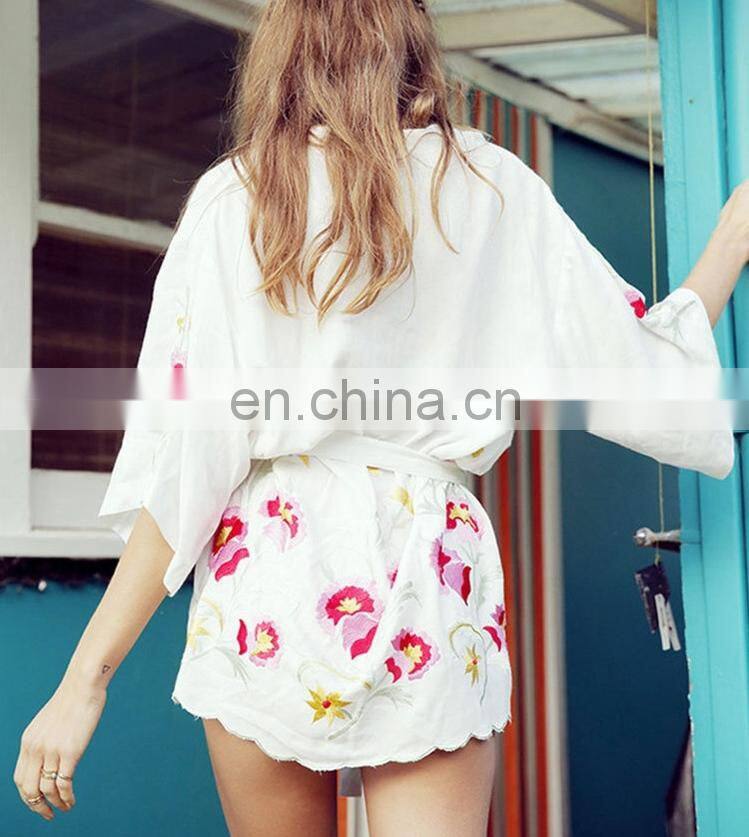 2019 New Bohemian Floral Embroidered Three Quarter Sleeve Self Belted Summer Beach Dress White Cotton Tunic Women Beachwear