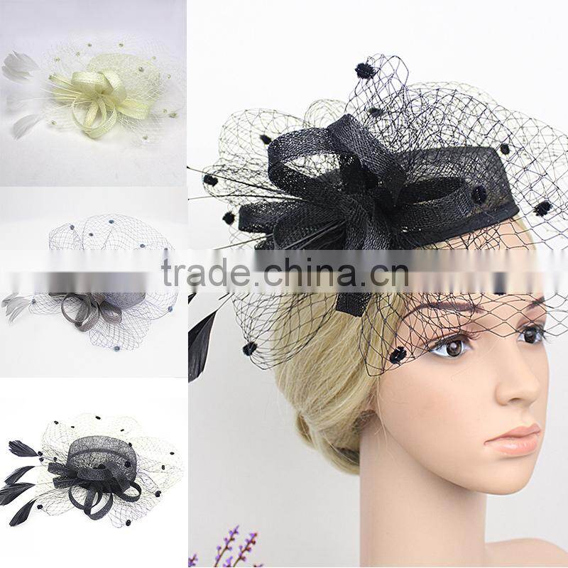 New Design Fashion Fascinator Birdcage Veil Sinamay Plain Church hat With Feather