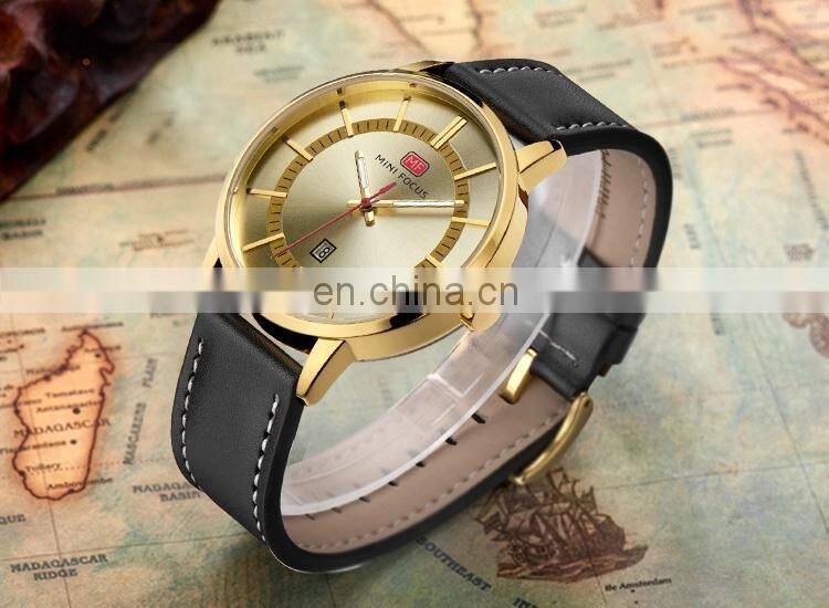 MINI FOCUS MF0033G Top Brand Men's Quartz Sport Wristwatch Date Clock Male Luxury Gold Leather Strap Military Watches