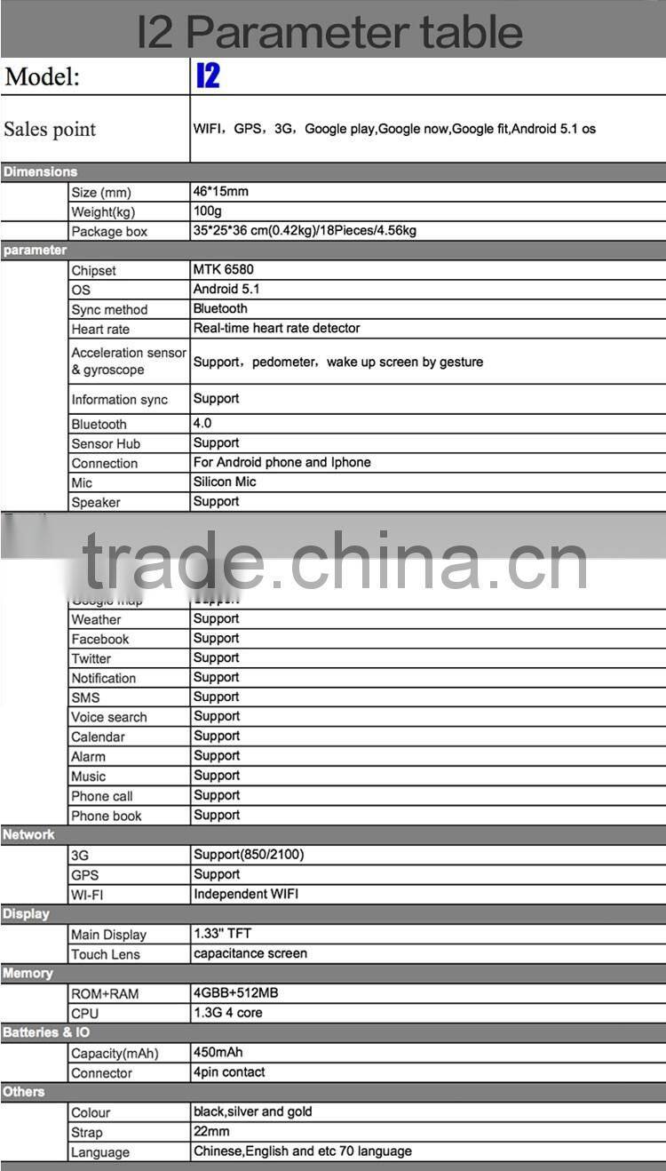 I2 MTK6580 1.33" TFT capacitance screen android 5.1 3g wifi watch with turnable watch frame