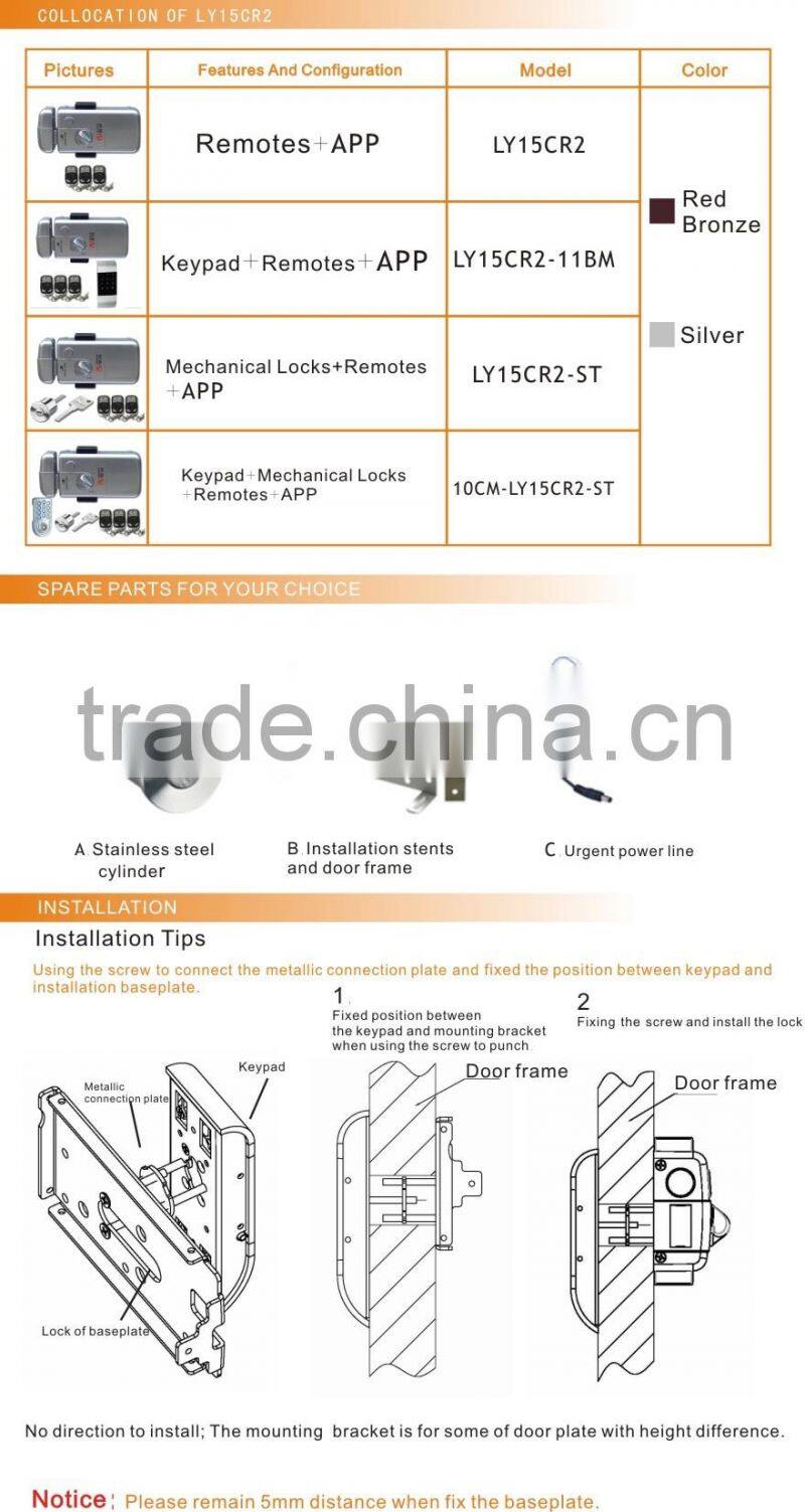 Wireless lock with 2 systems for gate and wooden door(LY15CR2-11BM)