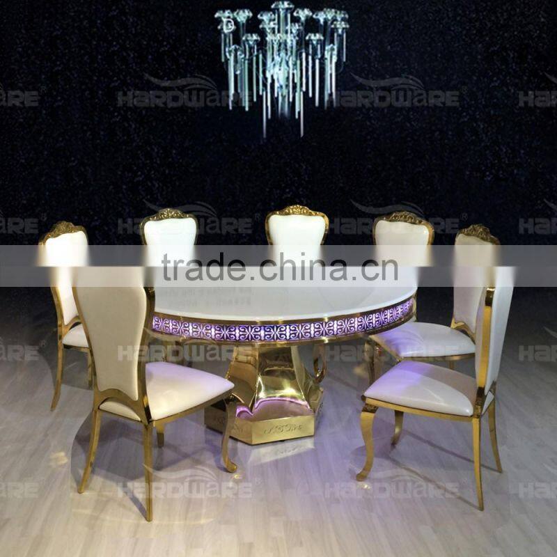 golden stainless steel round wedding dining table with led light MDF top