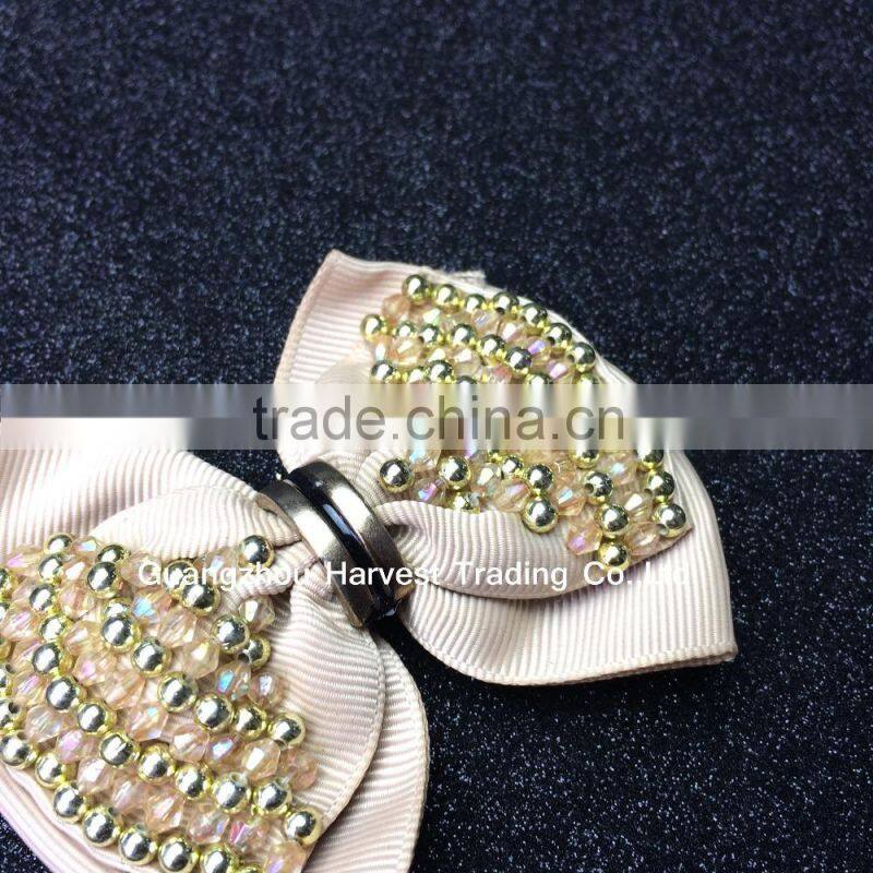 Beige Bow flower for shoe,Gold beads And Plastic Beads shoe flower decorations