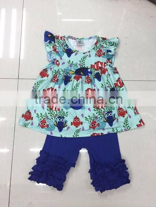 2016 China yiwu hot sale snowman olfa pearl dress top capri set early fall girls boutique clothing set