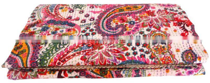 RTHKG-8 Paisley Printed Cotton Fabric Vintage Bedspread Wholesaler Traditional Handmade Stitching Gudri Throw Kantha Jaipur