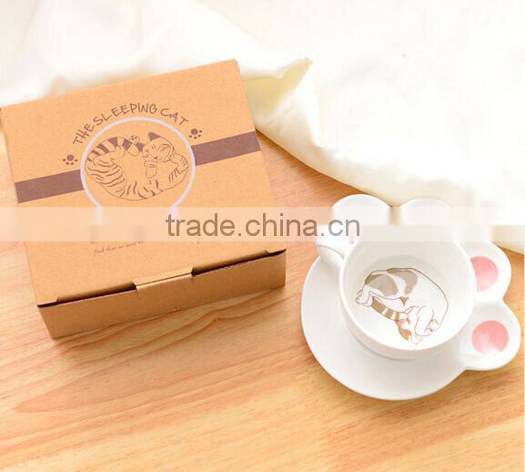 creative lovely pussy cat ceramic coffee mug set with tea tray, promotional pocelain kitty series of 2-piece suit