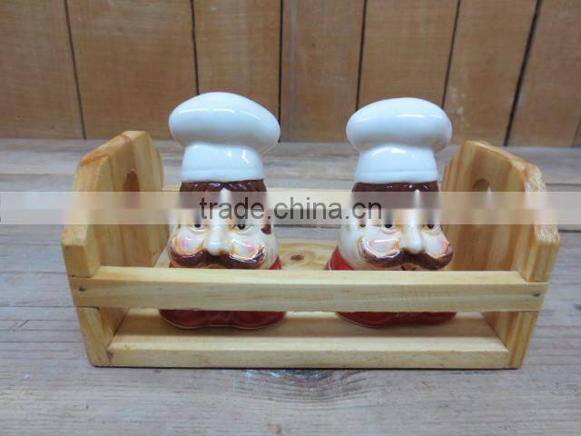 cute chef emboss ceramic salt and pepper shaker with wooden stand