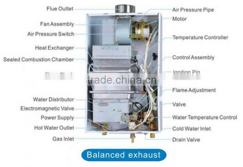 Balanced exhaust gas water heater with double pipe