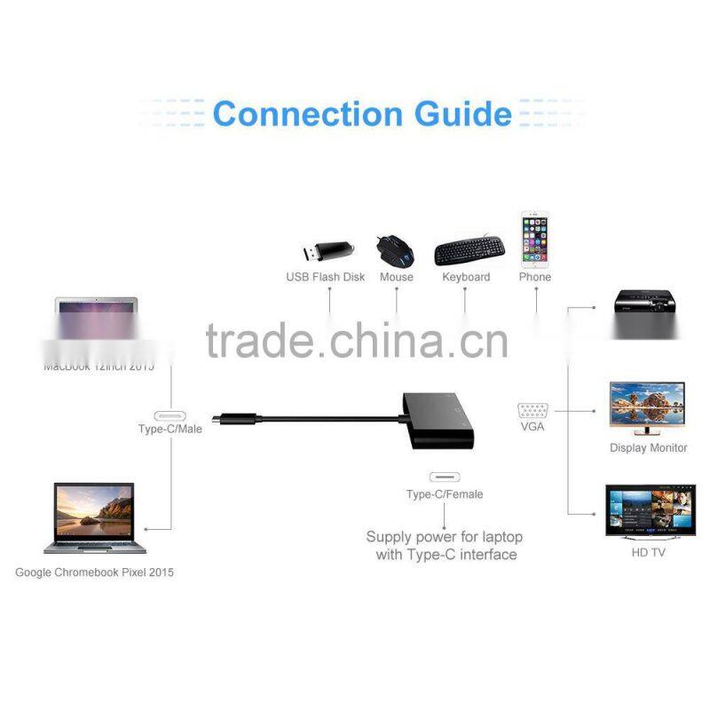 2016 wholesale USB-C USB 3.1 Type C to VGA Projector & USB OTG & USB-C Female Charger Adapter for 12" New Mac book