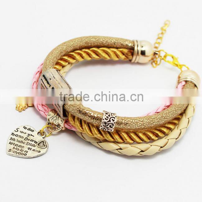 New Vintage Fashion Simple Metal Made With Love Heart Christmas Tree Charm Multilayer Leather Bracelet