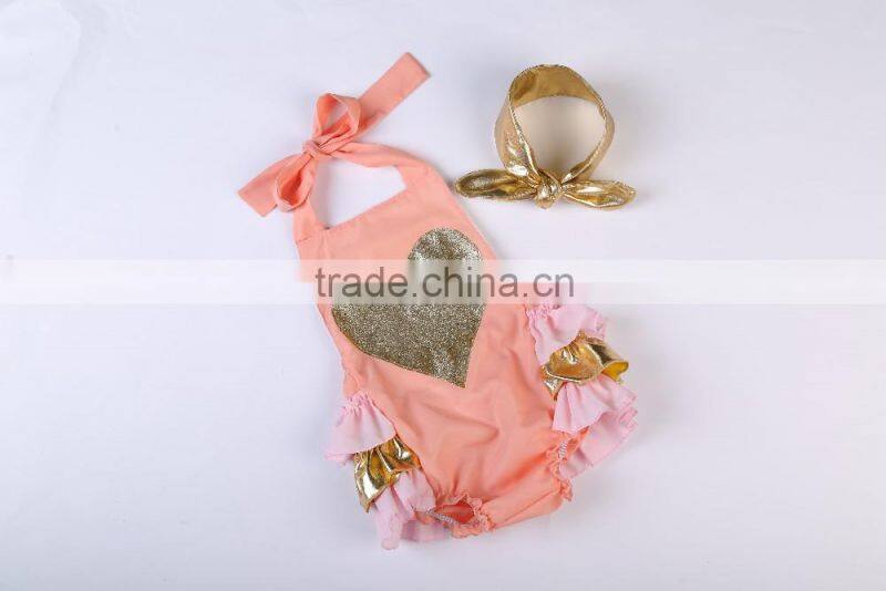 2016 Hot selling ruffle rompers set baby sparkle heart bubble romper with headhand boutique kids summer clothes jumpsuit