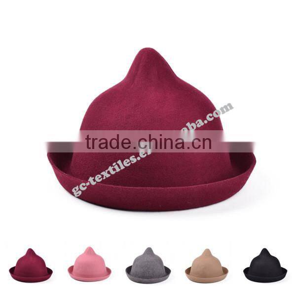 hot new products for 2014 Fall and winter Pointy top curling woolen Fedora ladies hats felt cat ear hat wholesale for men with f