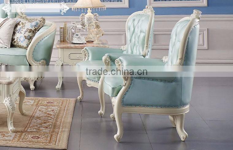 Neoclassic solid wood living room furniture fresh light blue color leather sofa set