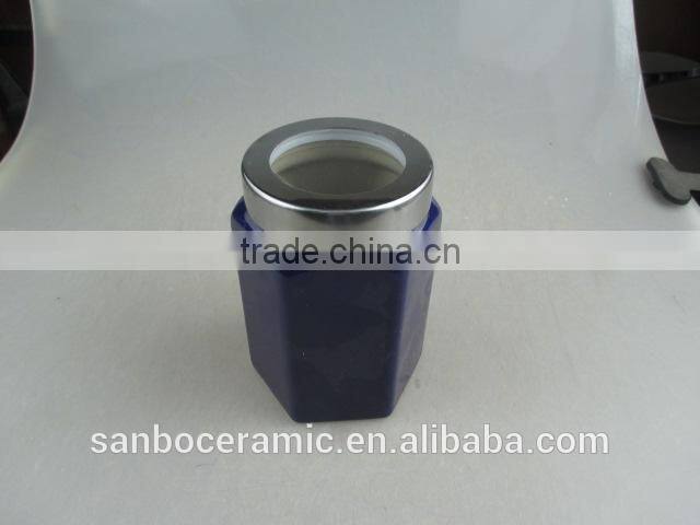 Ceramic Tea Coffee Sugar Containers with Plastic Lid, Deep Blue Glazed