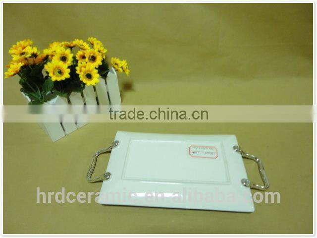 Rectangle stock Ceramic Bake Plate with Handle in Solid Color