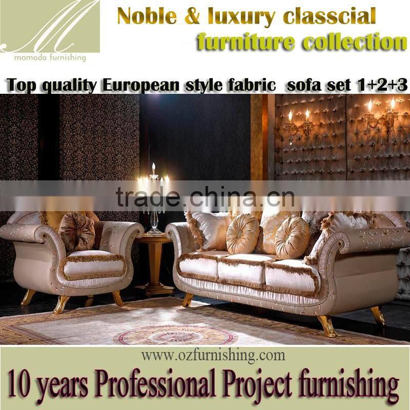 YB56 Foshan Shunde Furniture , Classic Gold leaf finshing fabric sofa for Villa, Royal hardwood sofa