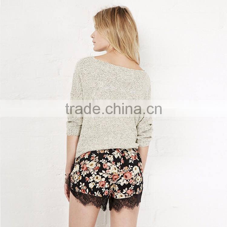 HAODUOYI Women Black Rose Print Lace Contrast Shorts