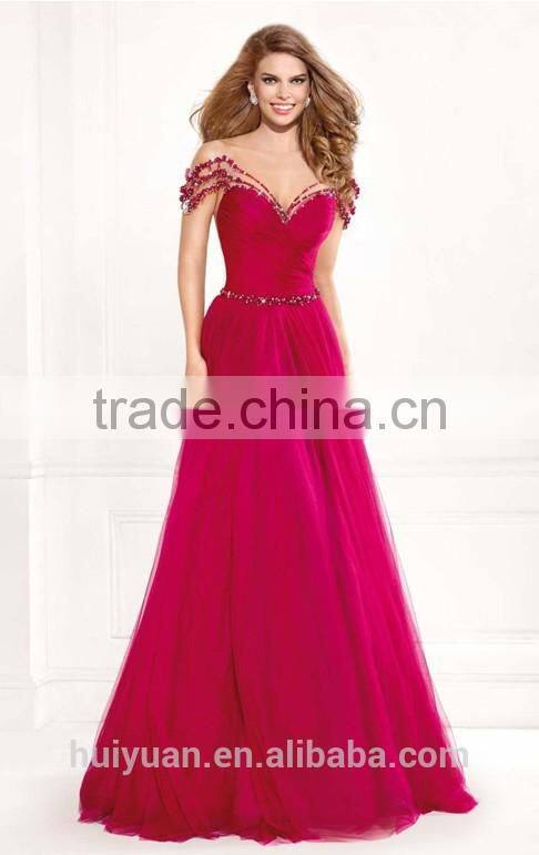 three color satin off shoulder long beaded evening dress 2015