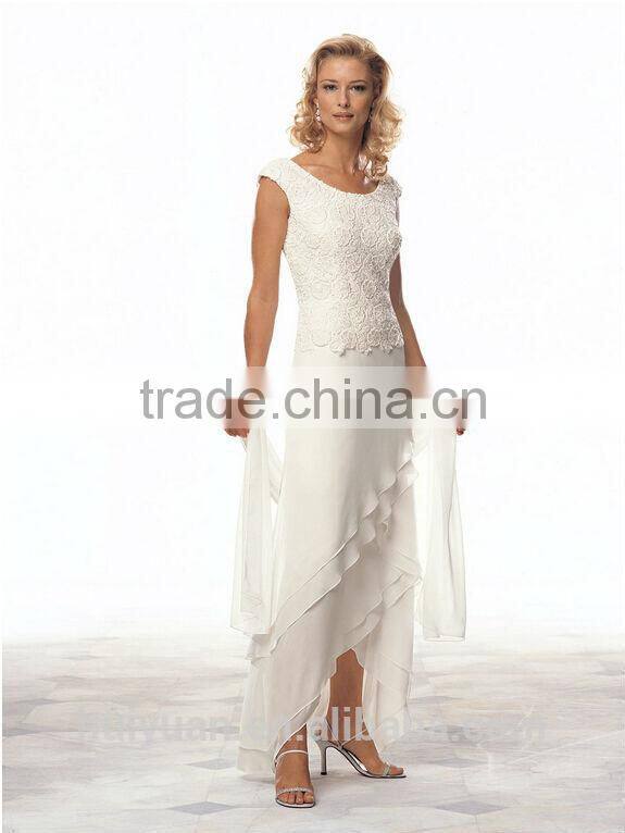 white lace layered chiffon tea length cap sleeve dress