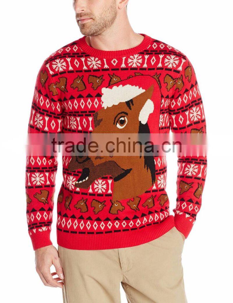 Men Red Sweater Christmas Hat Horse Pattern Christmas Jumper Sweater