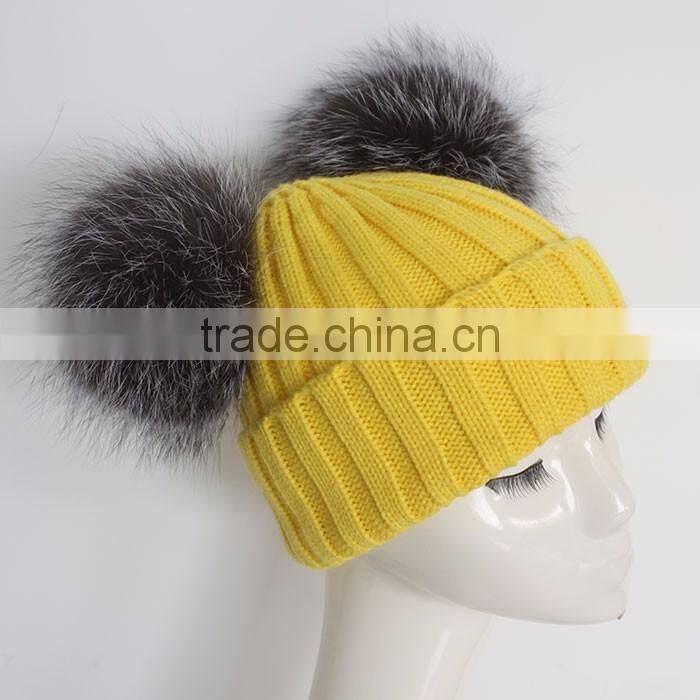 Myfur Yellow Color Wool Knitting Beanie Hat with Genuine Silver Fox Fur Pompoms