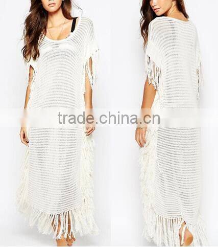 EY0014A White Tassel Trim Knitted Beach Caftan Cover-Ups 2016 New Bohemia Style