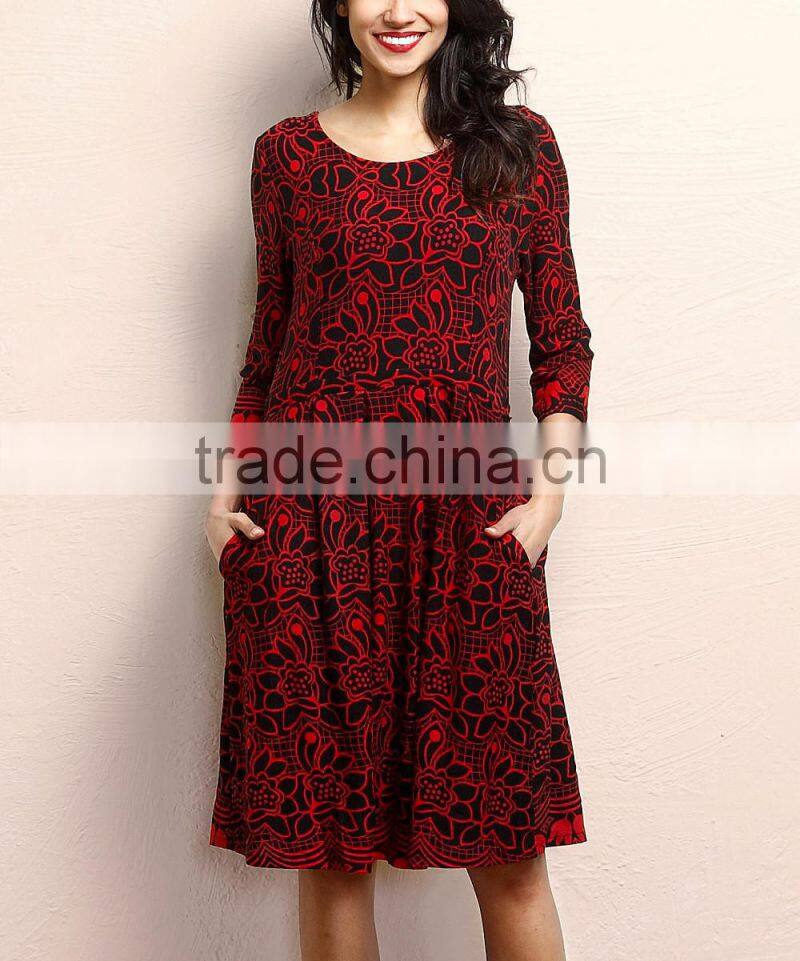 Latest Women Dresses With Red Floral Fit And Flare Pocket Dress Women Floral Dress Women Clothing GD90426-56