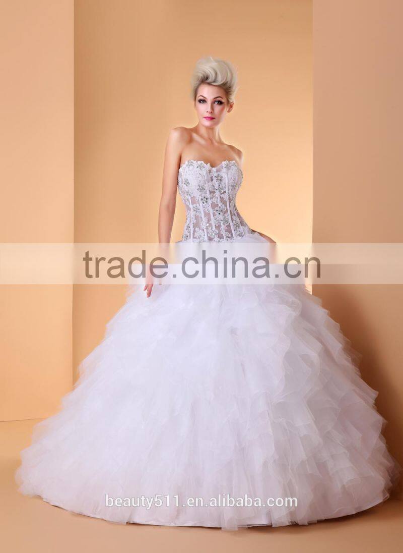 A-line Wedding Dress Open Back Floor-length Strapless Lace Tulle with Lace bridal gown P001