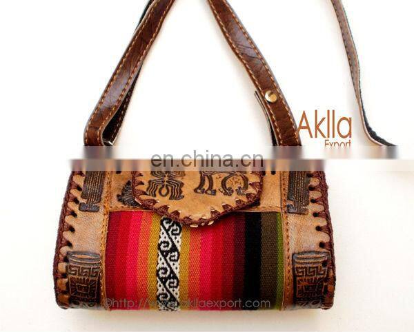 Handmade Embossed Leather Handbag with Aguayo Blanket