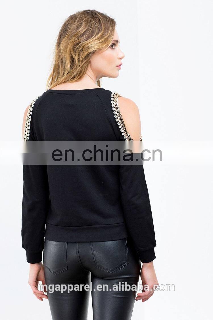 china fashion crewneck sweatshirt custom cold shoulder long sleeve crewneck sweatshirt with chain