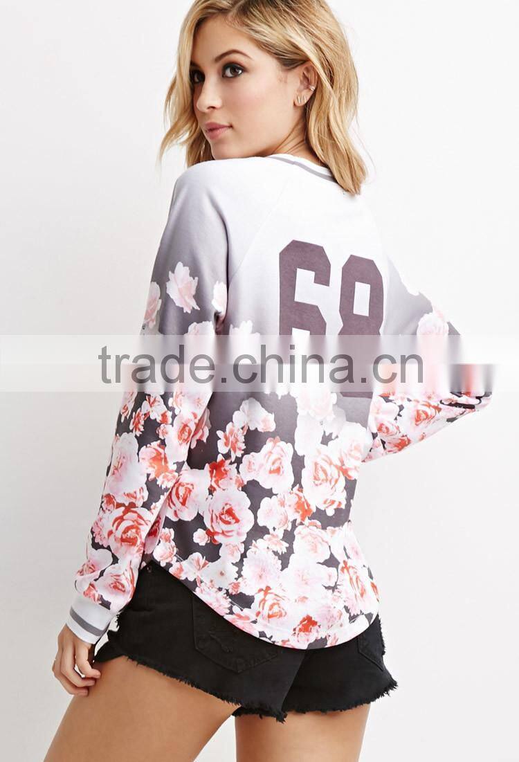 Women Ombre Floral Print Athletic Pullover with Curved Hemline